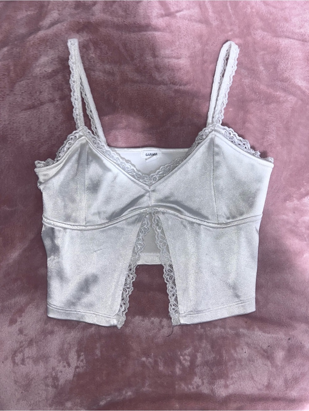 Garage White Lace-Trim Satin Crop Cami